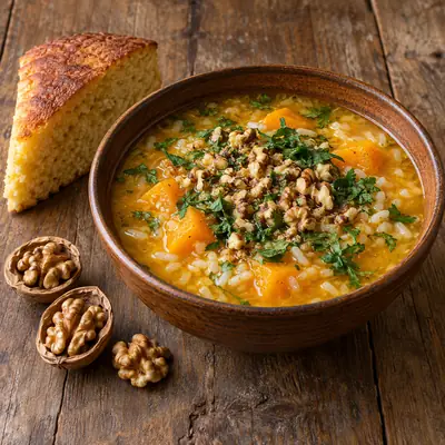 Къабакъ шорпа (кумыкский суп с тыквой и орехами)