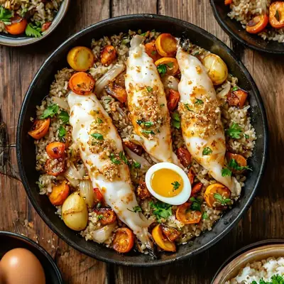 Кальмар, фаршированный рисом и яйцом