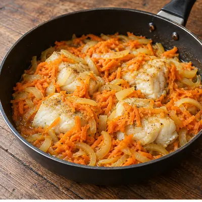 Пикша, тушённая с луком и морковью