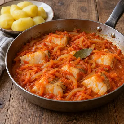 Треска, тушённая с морковью и луком